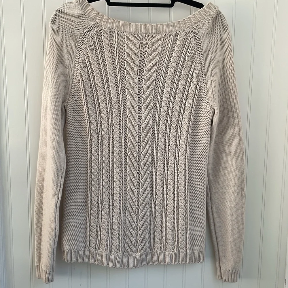 J. Crew Women’s Cable Knit Fisherman Sweater Cream Beige 100% Cotton Classic S‎